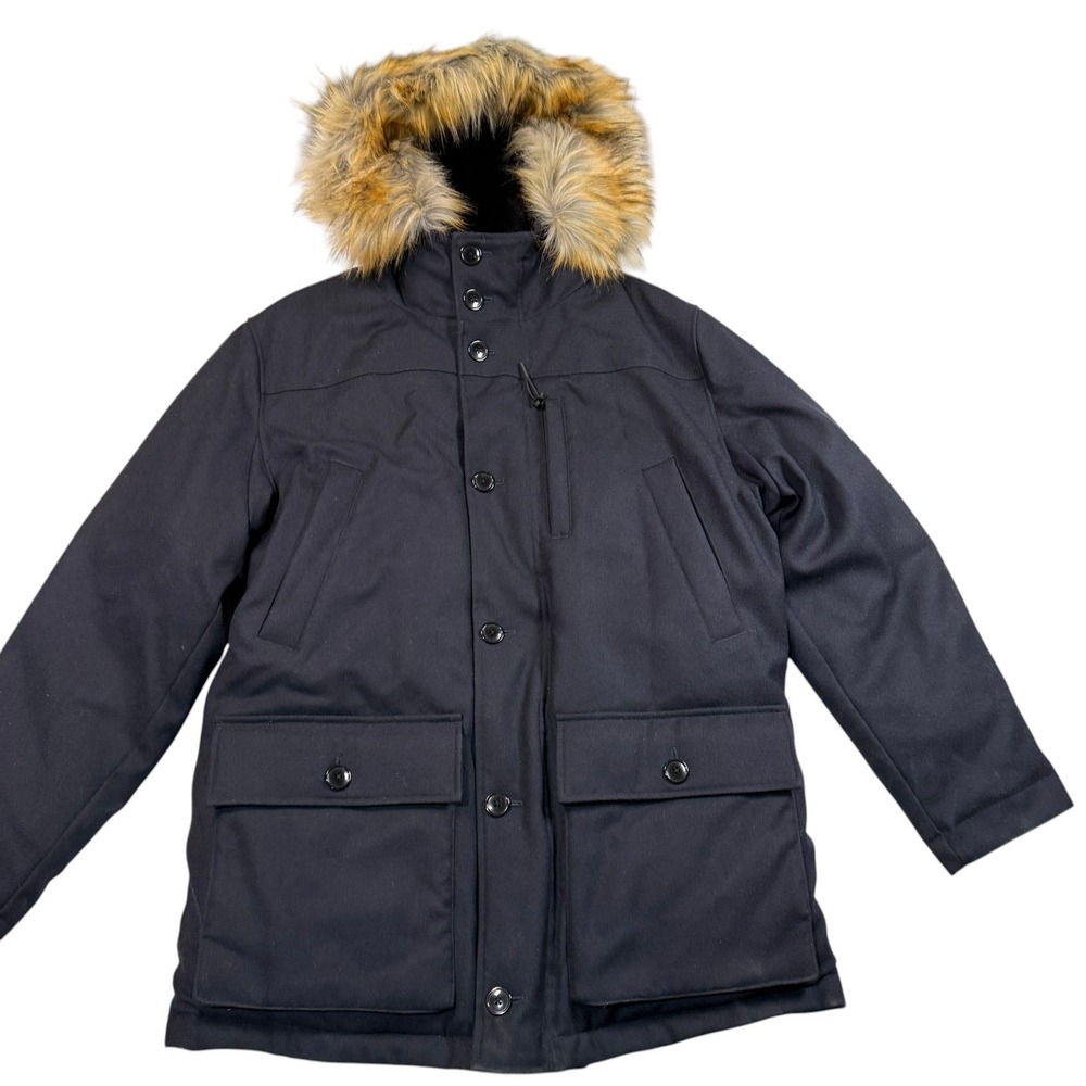 J Crew Nordic Down Parka Mens Large Navy Wool Down 3M Thinsulate Faux Fur Hood